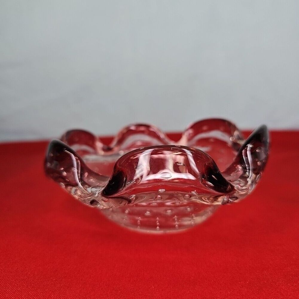 Murano Bubble Ashtray Trinket Bowl VTG Scalloped Bullicante Amethyst Violet Art